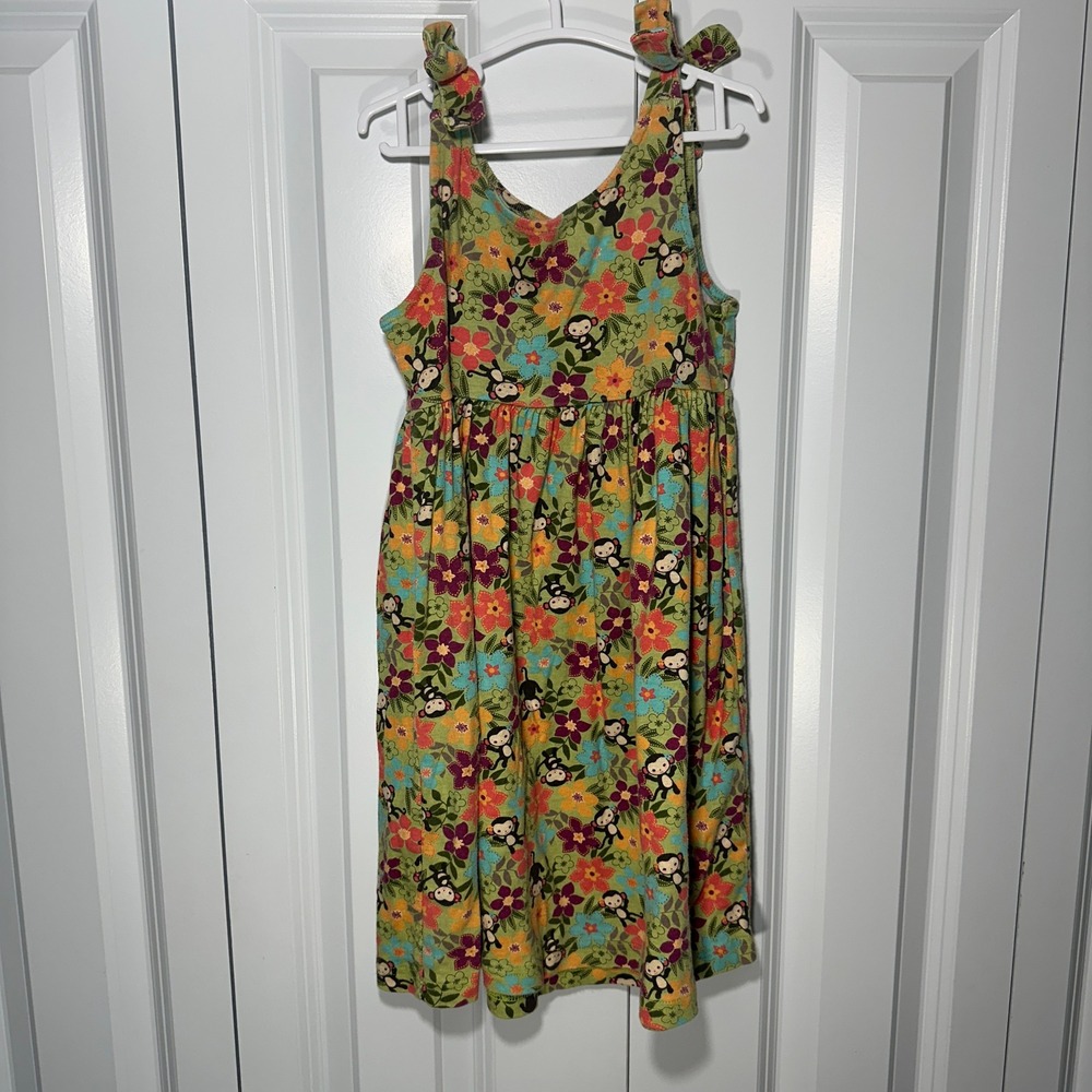 Gymboree Floral Monkey Dress Girls 7 Green Sleeveless Tie Shoulder Cotton Vtg